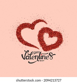 Happy Valentine's Day Font With Glitter Double Heart Shape On Pink Background.