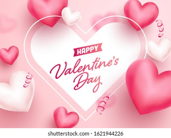 Happy Valentine's Day Font with Glossy Hearts Decorated on Pink Background.