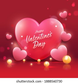 Happy Valentine's Day Font With Glossy Hearts And 3D Golden Pearls Decorated On Red Bokeh Background.