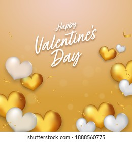 Happy Valentine's Day Font With Glossy Hearts And Confetti Decorated On Golden Background.