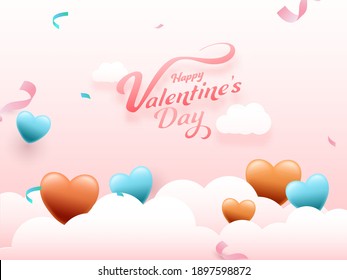 Happy Valentine's Day Font With Glossy Hearts, Confetti Ribbon Decorated On White Clouds And Pink Background.