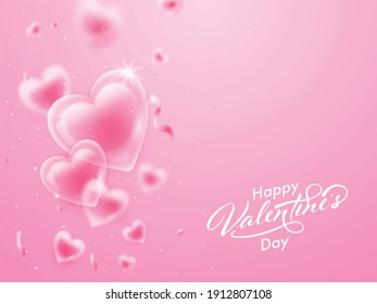 Happy Valentine's Day Font With Glossy Hearts And Confetti Decorated On Pink Background.