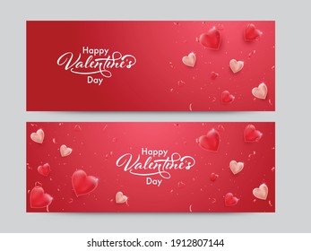 Happy Valentine's Day Font With Glossy Hearts And Confetti Decorated Red Background In Two Options.