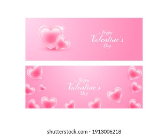 Happy Valentine's Day Font With Glossy Hearts Decorated On Pink Background In Two Options.
