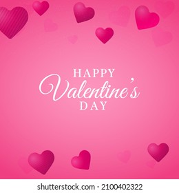 Happy Valentine's Day Font With Glossy Hearts Decorated On Pink Background.