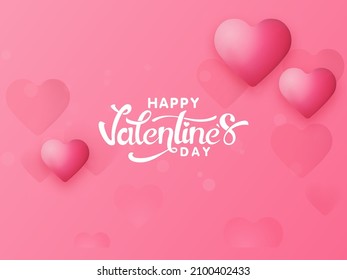 Happy Valentine's Day Font With Glossy Hearts Decorated On Pink Background.