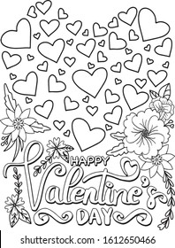 Happy Valentine's day font heart and flowers elements. Hand drawn with inspiration word. Doodles art for Valentine card or greeting card. Coloring for adult and kid.