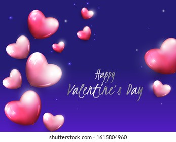 Happy Valentine's Day Font with Heart Shaped Balloons and Light Effect on Blue Background.