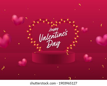 Happy Valentine's Day Font With Heart Shape Lighting Garland And 3D Podium On Dark Pink Background.