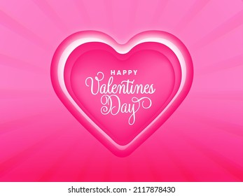 Happy Valentine's Day Font Over Paper Cut Overlapping Heart On Glossy Pink Rays Background.