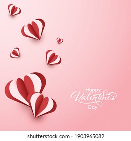 Happy Valentine's Day Font With Paper Layer Cut Hearts On Glossy Pink Background.