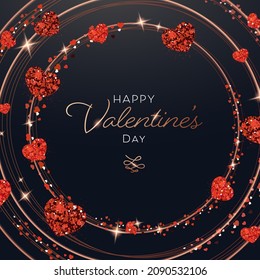 Happy Valentine's Day Font With Red Glittering Hearts On Bronze Circle Layer Background.