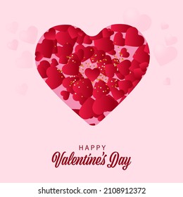 Happy Valentine's Day Font With Red Tiny Hearts Inside Pink Heart Shape Background.