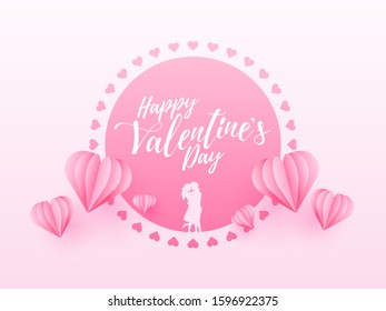 Happy Valentine's Day Font with Silhouette Romantic Couple and Pink Origami Paper Hearts Decorated Background.