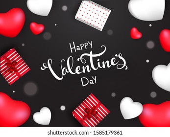 Happy Valentine's Day Font with Top View Gift Boxes and Hearts Decorated on Black Background.