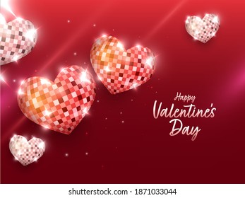 Happy Valentine's Day Font With Top View Of 3D Heart Shape Disco Balls On Red Background.