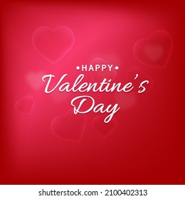 Happy Valentine's Day Font With Transparent Or Glass Hearts On Red Background.