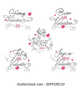 Happy Valentine's Day Font In Various Language With Pink Hearts On White Background.