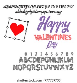 Happy Valentines Day- font. Vector alphabet. Hand Lettering script font. Typography abc for Designs: Logos, Packaging Design, Poster. ABC...