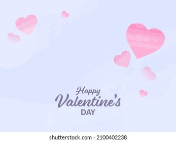 Happy Valentine's Day Font With Watercolor Effect Hearts On Blue Background.