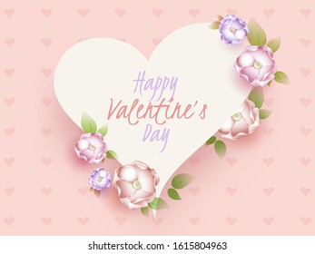 Happy Valentine's Day Font in White Heart Shape Decorated with Realistic Flowers on Pink Heart Pattern Background.