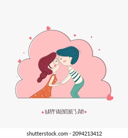 Happy Valentine's Day Font With Young Couple Kissing On Pink And White Background.