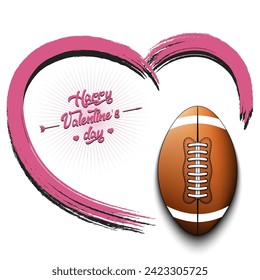 Happy Valentines Day. Football ball and heart. Design pattern on the rugby theme for greeting card, logo, emblem, banner, poster, flyer, badges. Vector illustration
