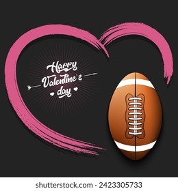 Happy Valentines Day. Football ball and heart. Design pattern on the rugby theme for greeting card, logo, emblem, banner, poster, flyer, badges. Vector illustration