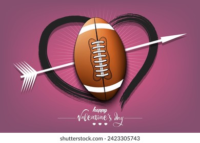 Happy Valentines Day. Football ball, arrow and heart. Design pattern on the rugby theme for greeting card, logo, emblem, banner, poster, flyer, badges. Vector illustration