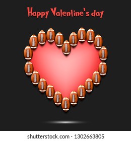 Happy Valentines Day. Football balls laid out in the shape of the heart on isolated background. Design pattern for greeting card, banner, poster, flyer,  invitation party. Vector illustration