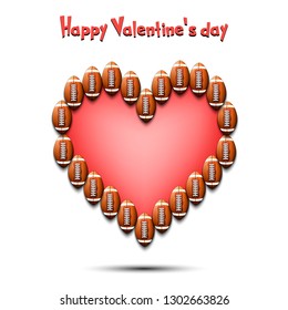 Happy Valentines Day. Football balls laid out in the shape of the heart on isolated background. Design pattern for greeting card, banner, poster, flyer,  invitation party. Vector illustration