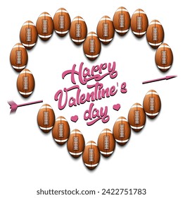 Happy Valentines Day. Football balls laid out in the shape of the heart. Design pattern for greeting card, banner, poster, flyer, invitation party. Vector illustration on isolated background