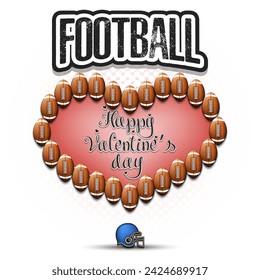 Happy Valentines Day. Football balls laid out in the shape of the heart. Design pattern for greeting card, banner, poster, flyer, invitation party. Vector illustration on isolated background