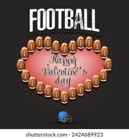 Happy Valentines Day. Football balls laid out in the shape of the heart. Design pattern for greeting card, banner, poster, flyer, invitation party. Vector illustration on isolated background