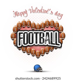 Happy Valentines Day. Football balls laid out in the shape of the heart. Design pattern for greeting card, banner, poster, flyer, invitation party. Vector illustration on isolated background