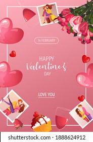 Happy Valentine's Day frame banner design with photos of couple. Cupcake and glasses of wine with flowers and heart balloons. Romantic Valentine's day Love concept. A4 vector illustration for banner, flyer, card.