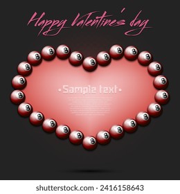 Happy Valentines Day. Frame of  billiard balls laid out in the shape of the heart. Design pattern for greeting card, banner, poster, flyer, invitation party. Vector illustration on isolated background