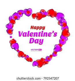 Happy Valentine's Day frame consisting of red and violet hearts isolated on white background. Vector illustration. Perfect to use for print layouts, web banners design and other creative projects