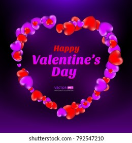 Happy Valentine's Day frame consisting of red and violet hearts on dark background. Vector illustration. Perfect to use for print layouts, web banners design and other creative projects