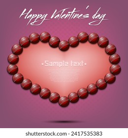 Happy Valentines Day. Frame of cricket balls laid out in the shape of the heart. Design pattern for greeting card, banner, poster, flyer, invitation party. Vector illustration on isolated background