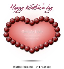 Happy Valentines Day. Frame of cricket balls laid out in the shape of the heart. Design pattern for greeting card, banner, poster, flyer, invitation party. Vector illustration on isolated background