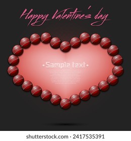 Happy Valentines Day. Frame of cricket balls laid out in the shape of the heart. Design pattern for greeting card, banner, poster, flyer, invitation party. Vector illustration on isolated background