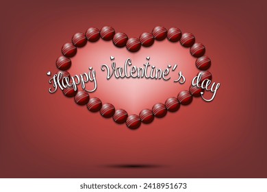 Happy Valentines Day. Frame of cricket balls laid out in the shape of the heart. Design pattern for greeting card, banner, poster, flyer, invitation party. Vector illustration on isolated background