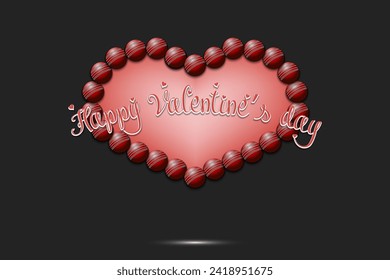 Happy Valentines Day. Frame of cricket balls laid out in the shape of the heart. Design pattern for greeting card, banner, poster, flyer, invitation party. Vector illustration on isolated background