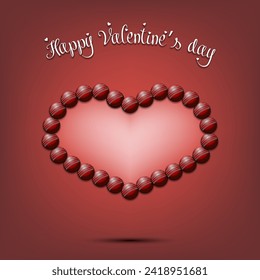 Happy Valentines Day. Frame of cricket balls laid out in the shape of the heart. Design pattern for greeting card, banner, poster, flyer, invitation party. Vector illustration on isolated background