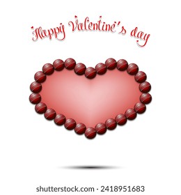 Happy Valentines Day. Frame of cricket balls laid out in the shape of the heart. Design pattern for greeting card, banner, poster, flyer, invitation party. Vector illustration on isolated background