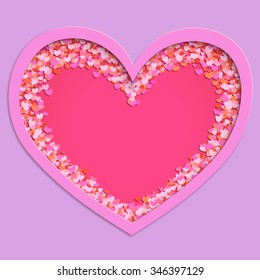 Happy Valentine's day frame. Cut paper Heart to the Valentine's day. Valentines composition of the hearts with a place for your text in the beautiful lavender background. Vector template. Banner. 
