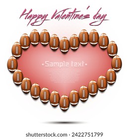 Happy Valentines Day. Frame of football balls laid out in the shape of the heart. Design pattern for greeting card, banner, poster, flyer, invitation party. Vector illustration on isolated background