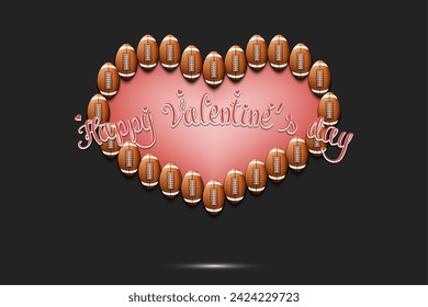 Happy Valentines Day. Frame of football balls laid out in the shape of the heart. Design pattern for greeting card, banner, poster, flyer, invitation party. Vector illustration on isolated background