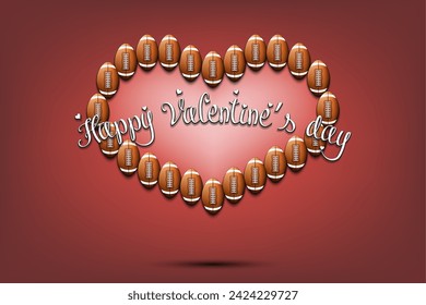 Happy Valentines Day. Frame of football balls laid out in the shape of the heart. Design pattern for greeting card, banner, poster, flyer, invitation party. Vector illustration on isolated background